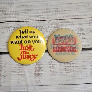 Vintage Yellow Hot 'N' Juicy Wendy's Advertising Pin Badge Button Holographic